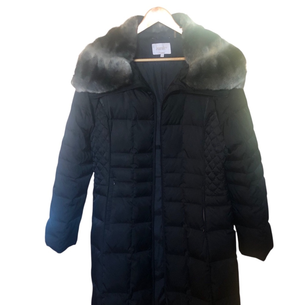 WARM COAT quilted down zip front detachable faux fur collar pockets